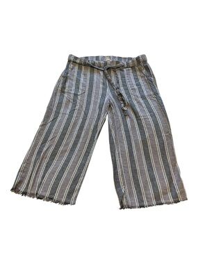 CASLON Striped Crop Linen Pants Wide Leg Drawstring Belt Sz L  Raw Hem